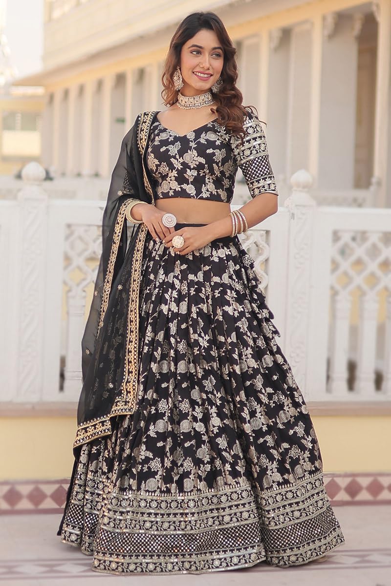 NONITA FASHION Black Georgette Lehenga, Floral Jacquard Embroidery, Mirror Work