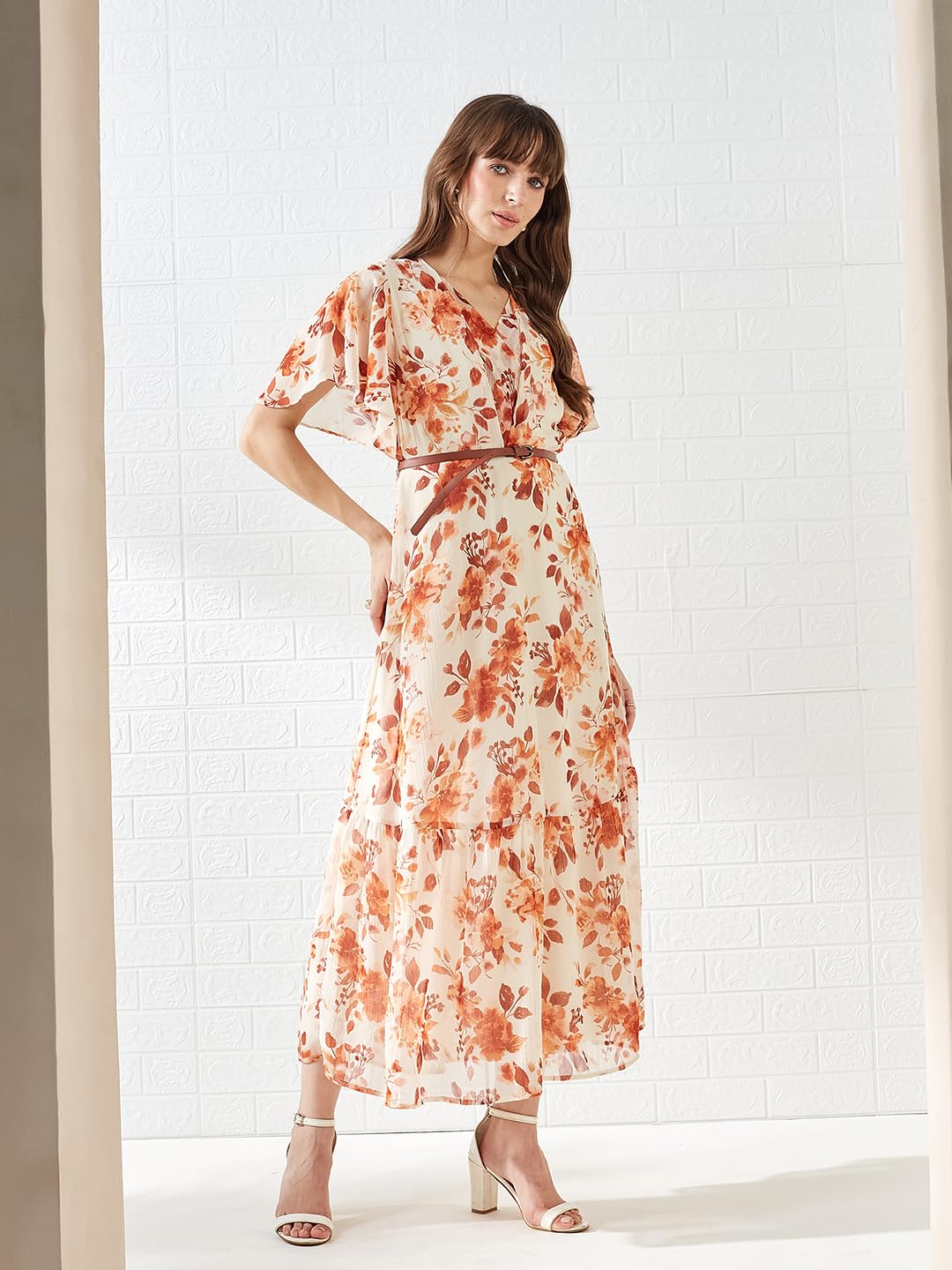 Latin Quarters Women's Rust Short Sleeves V-Neck Printed Casual Maxi Dress_M