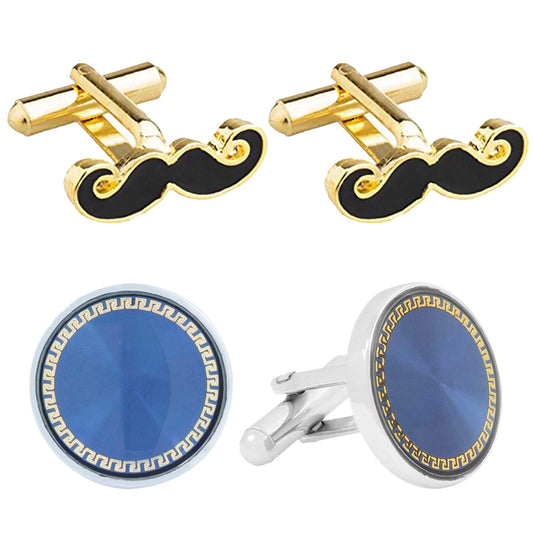 Zivom® Moustache Mooch Blue Gold Brass Formal Cufflinks Combo Pack Of 2 Sets For Boys Men's Gift Box
