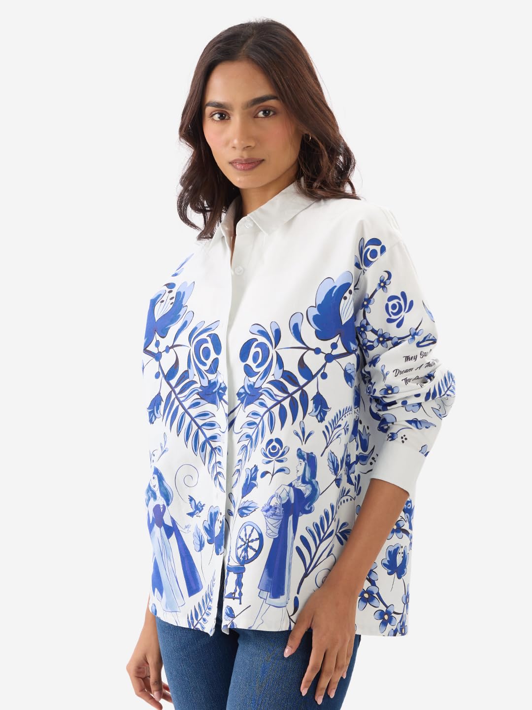 The Souled Store Disney: Once Upon A Dream Women and Girls Long Sleeve Collared Neck Button Front White Cotton Oversized Shirts