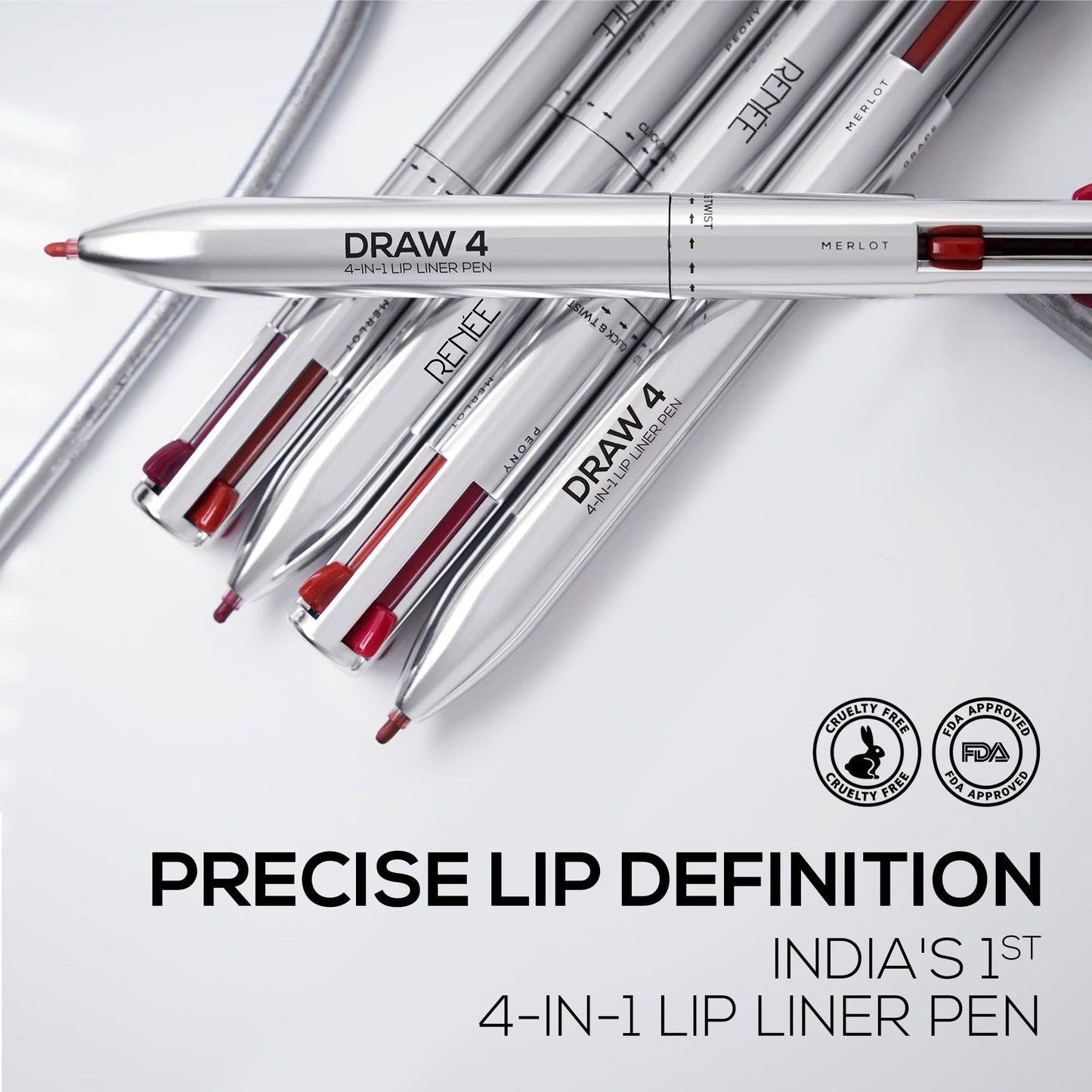 RENEE Draw 4-4-in-1 Lip Liner, Four Shades Pinks, Brown, Nude & Red in One Pen - Highly Pigmented, Rich Texture, Matte Finish, One-swipe Application & Travel-friendly