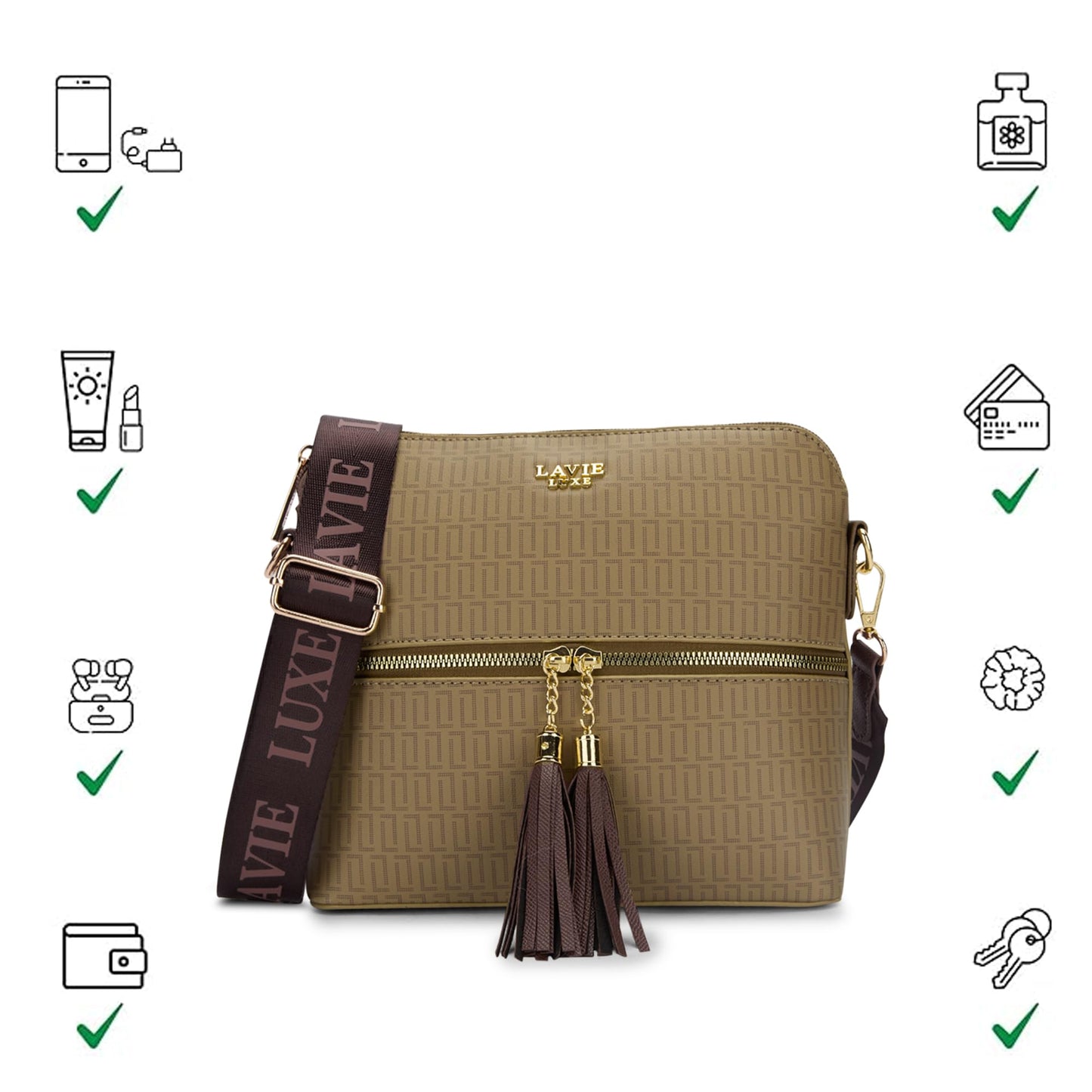 Lavie Luxe Women's Mono Tiara 25 Medium Monogram Print Tassel Cross Body Sling Bag | Ladies Purse Handbag | Ladies Gift