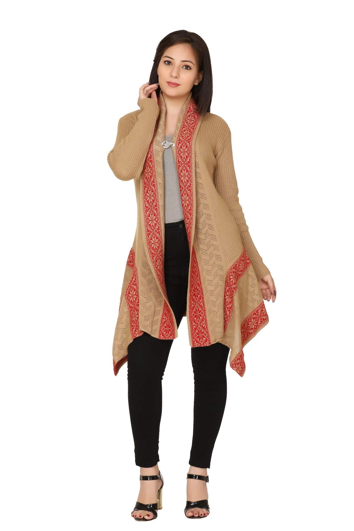 PIPASA Women Ladies Girls Winter Wear Woolen Open Front Hem Long Sleeves Shrug Top Designer Woolen Sweater Shrug Cardigan (Freesize), Red