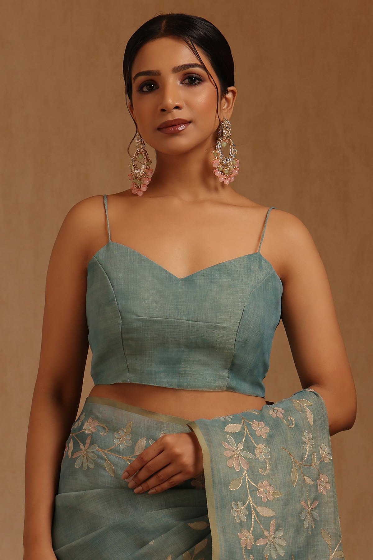 Soch Womens Light Teal Linen Floral Printed Saree With Zari