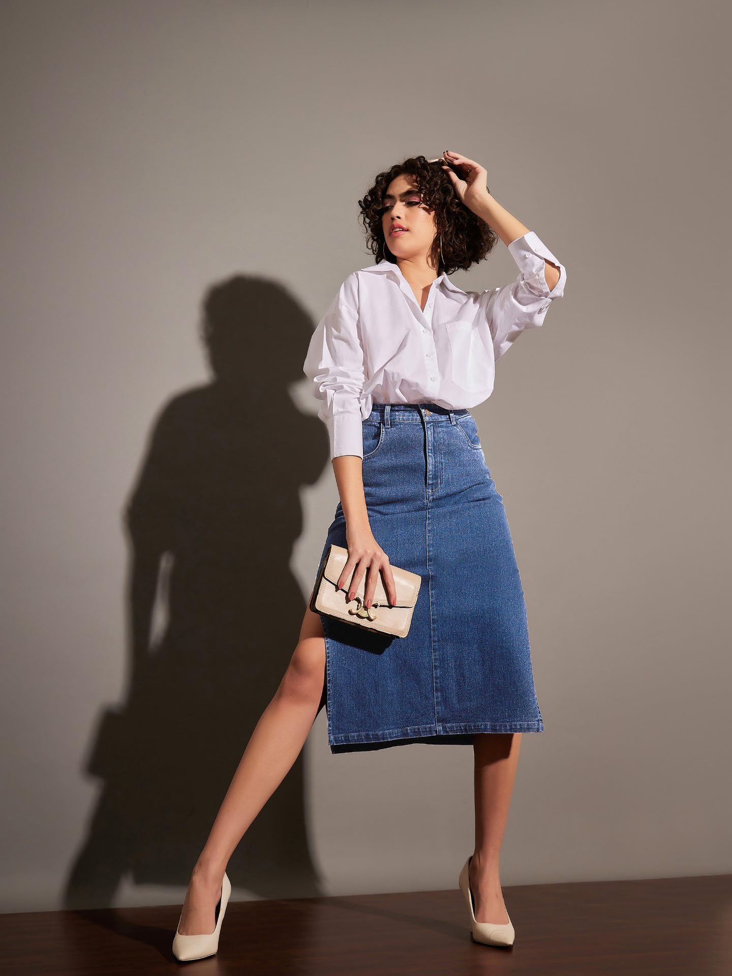 Ice Blue Denim Side Slit Midi Skirt