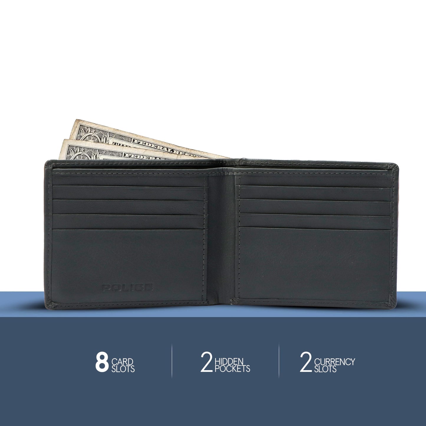 Police Men's Genuine Camou Leather Slim Wallet | 8 Card Slots with 2 Currency Compartments | Elegant, Durable & Functional | Ideal for Everyday Use & Gifting I Jet Black