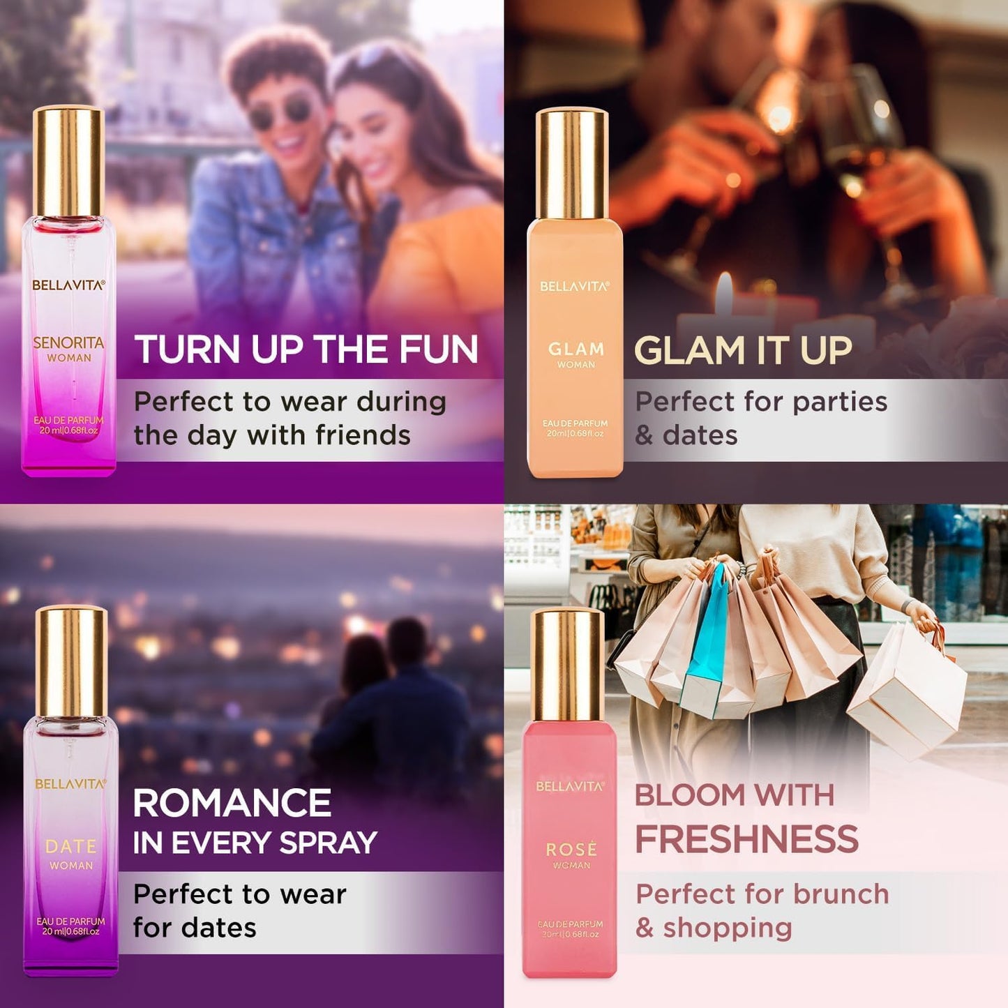 Bella Vita Luxury Long Lasting Women Gift Set | 4x20ml (Pack of 2) | Gifts for Women | Floral, Fruity, Premium Fragrance Scent | Date, Senorita, Glam, Rose