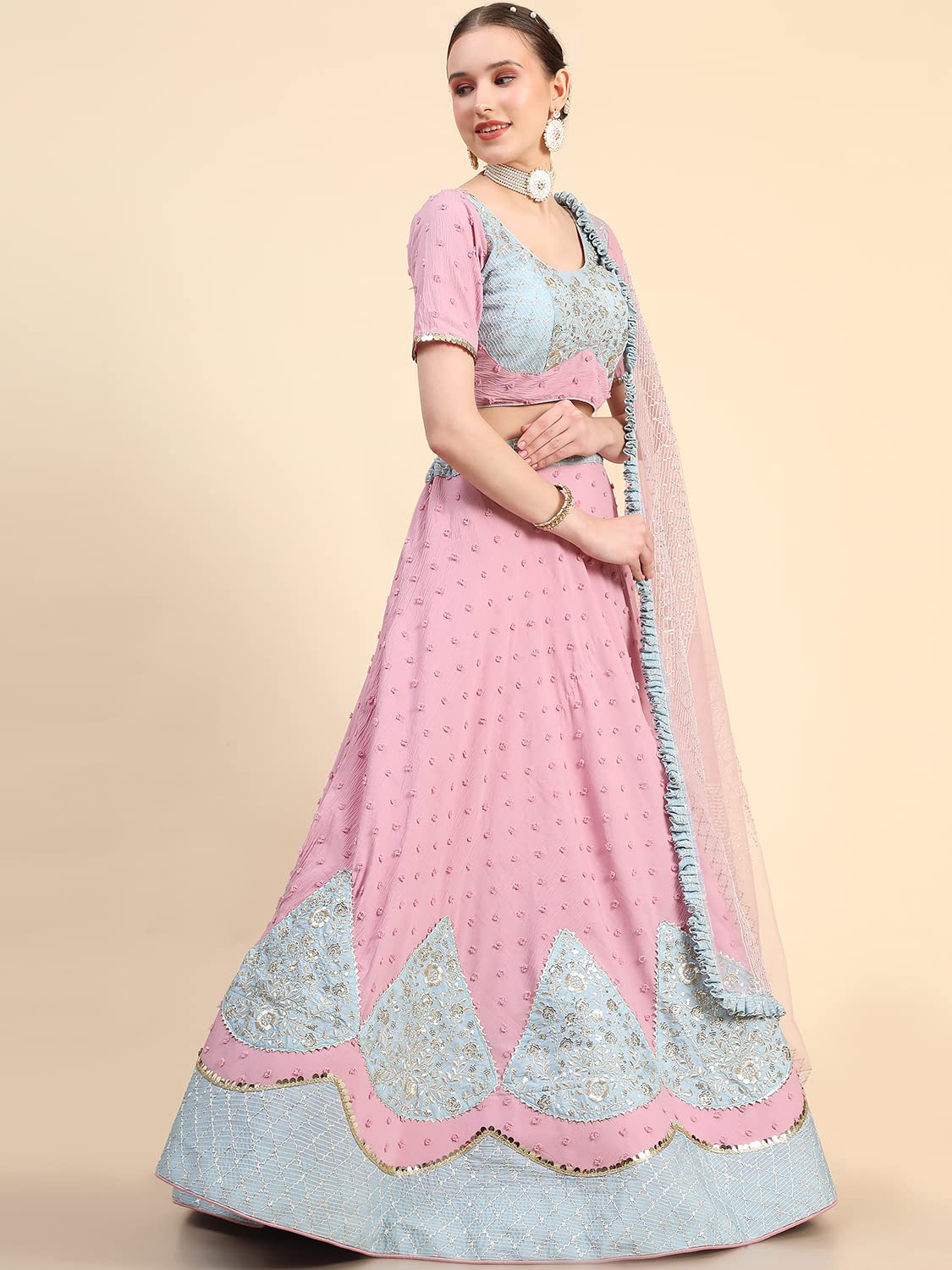 leeza store Women's Pink Georgette Silver Sequins & Zari Patch Work Flared Lehenga Choli With Dupatta