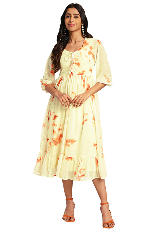 Janasya Women's Yellow Dobby Georgette Tie-Dye Fit & Flare Dress(JNE4390-DR-M)