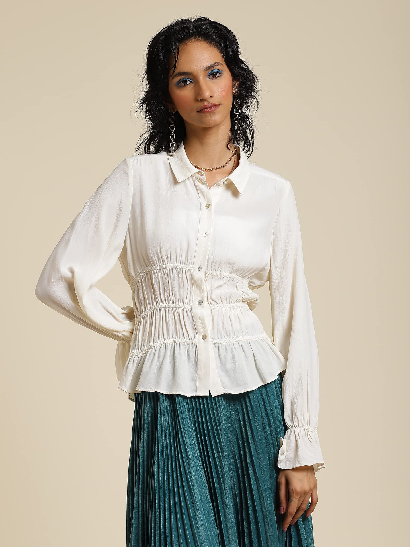 Label RITU KUMAR Off White Collar Neck Full Sleeves Shirt