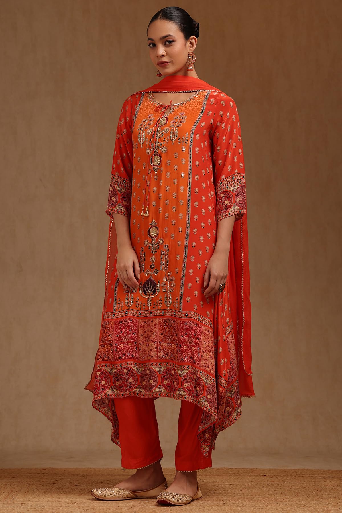 Soch Womens Orange Crepe Floral Print Suit Set With Sequins