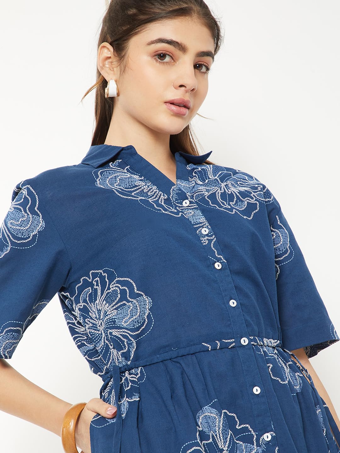 Max Women Embroidered Shirt Dress(Blue_XS)