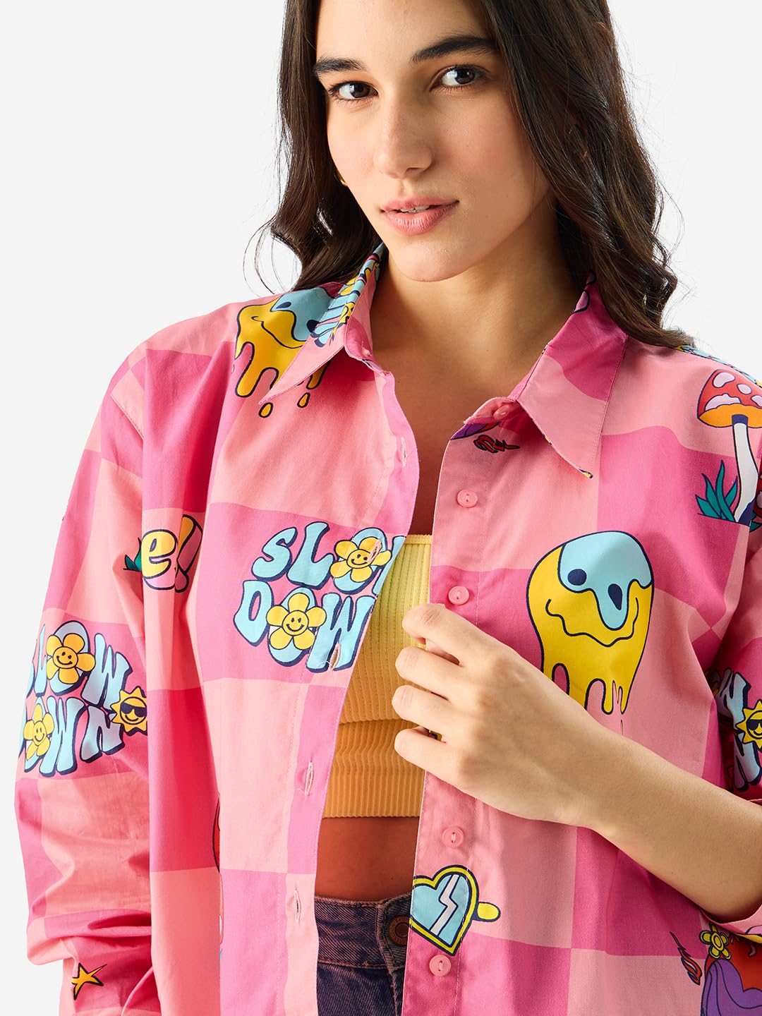 The Souled Store Slow Down Long Sleeve Collared Button Down All Over Print Oversized Fit Cotton Boyfriend Shirt for Women & Girls Pink