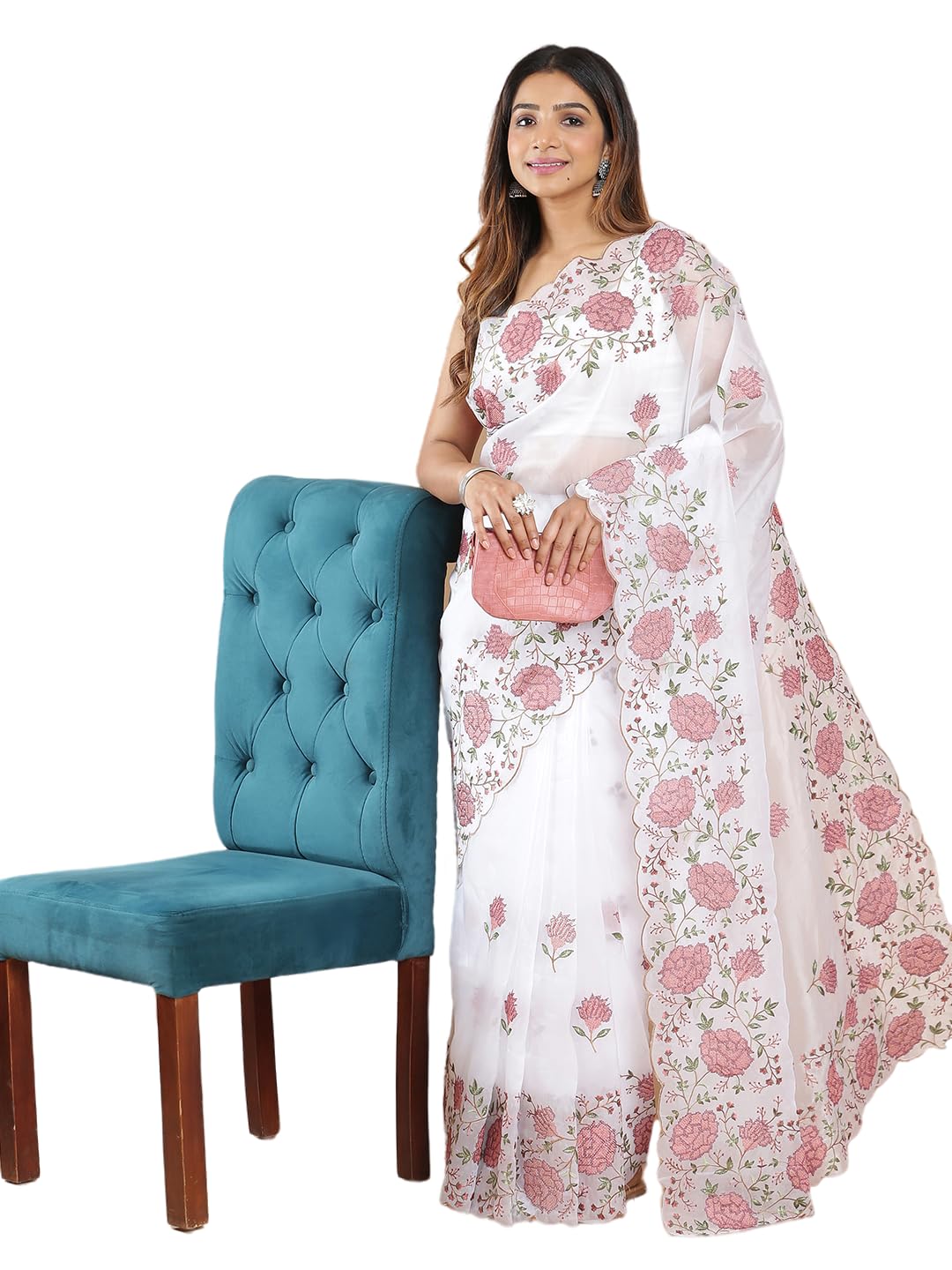 Kalyan Silks Off White Color Organza Saree With Floral Embroidery On Body