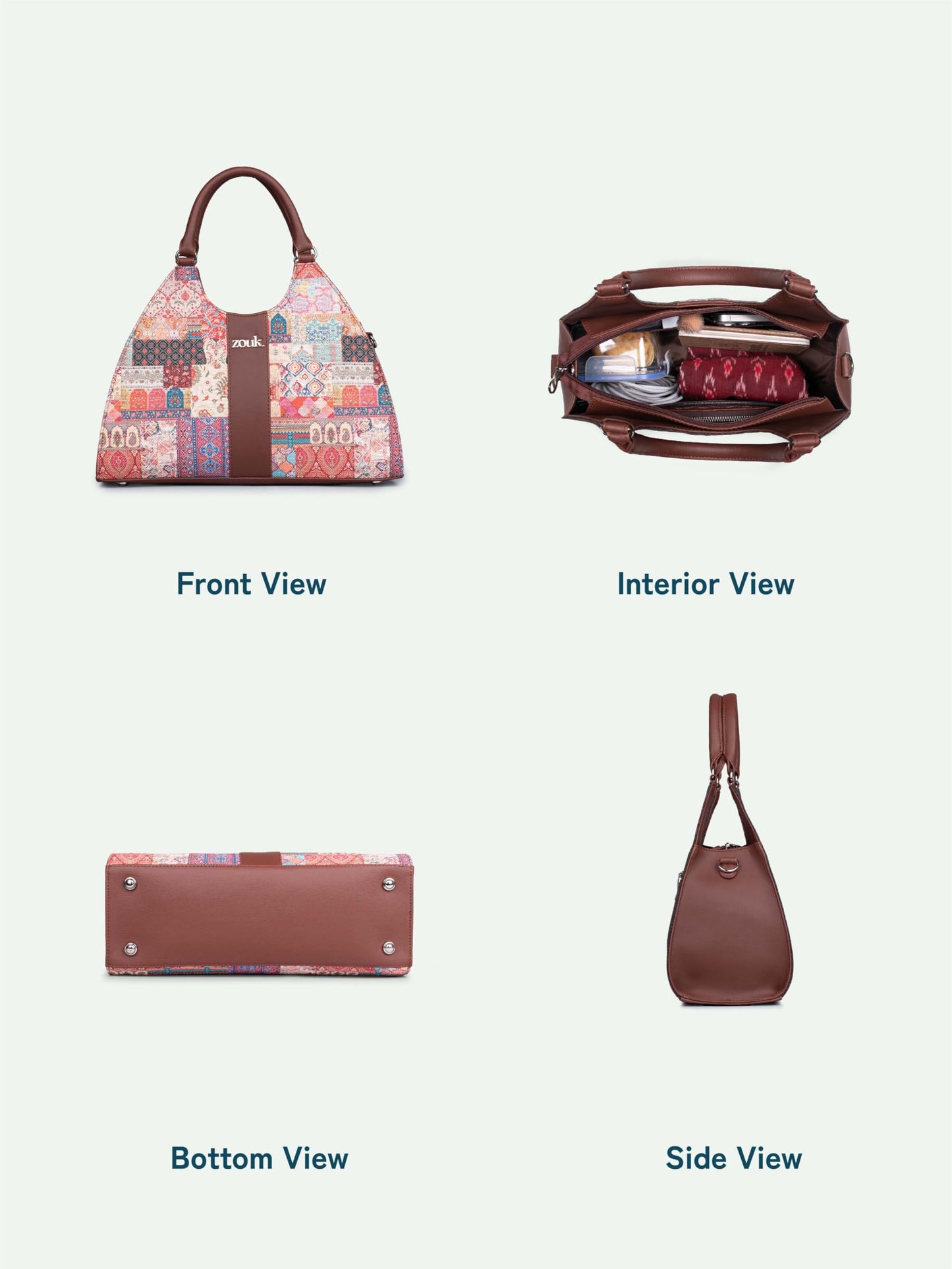 ZOUK Konkona Statement Satchel Bag - Kutch Gamthi | Jute | Vegan Leather Handcrafted With Detachable Sling Strap | Multicolor