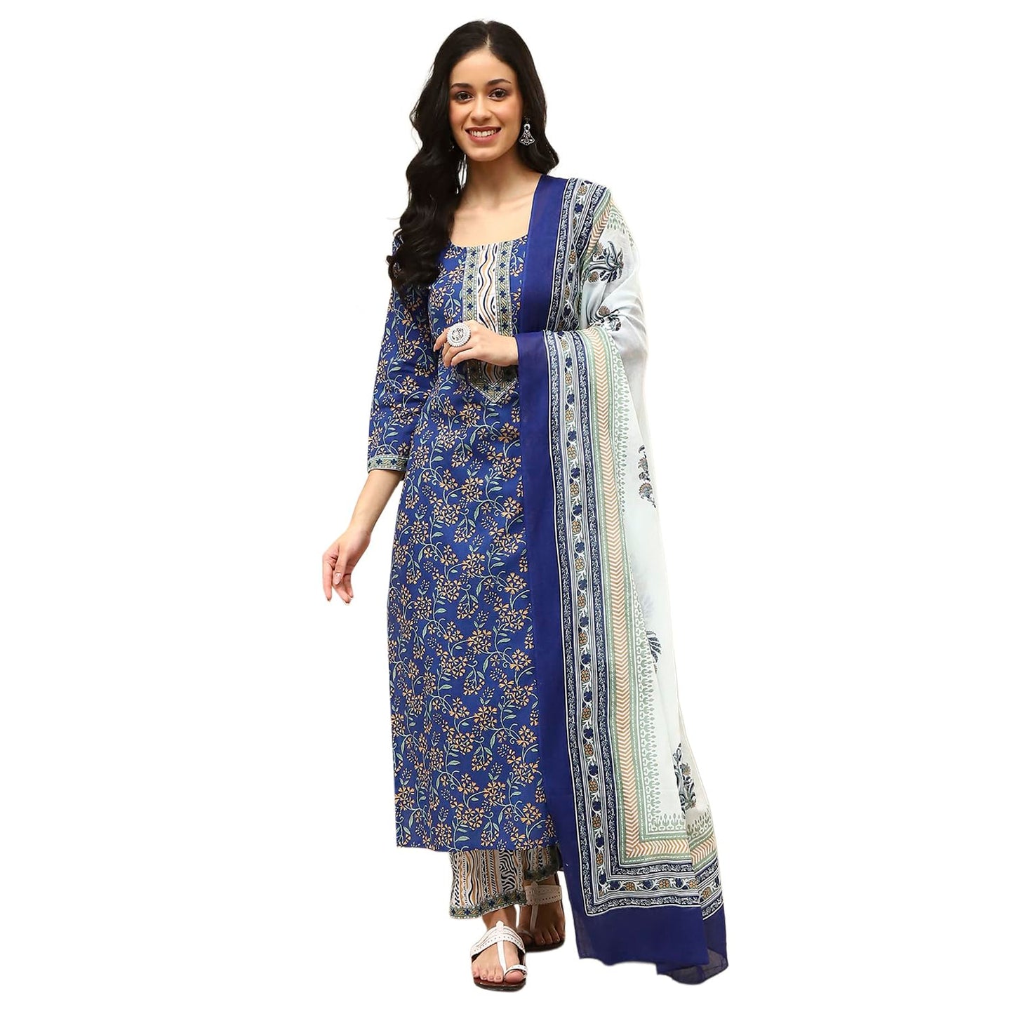 BIBA Women Royal Blue Cotton Screen Print Unstitched Suit Set_FREE SIZE