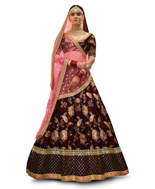 Zeel Clothing Women's Silk Semi-stitched Lehenga Choli (7034_Maroon_Free Size)