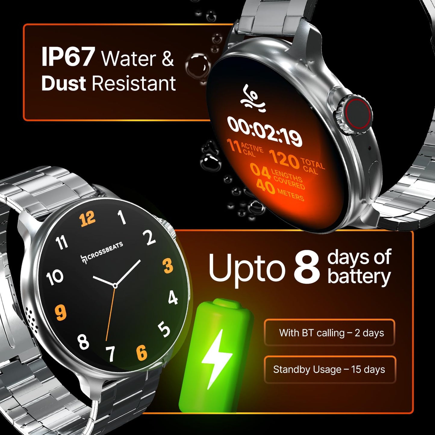 CrossBeats Aura Round 1.46" Super AMOLED Metal Smart Watch, Always On, Advanced AI ENC Bluetooth Calling, in-Built Games, Fast Charge, Rotating Crown, 123+ Sports Modes, 454 × 454 Pixel