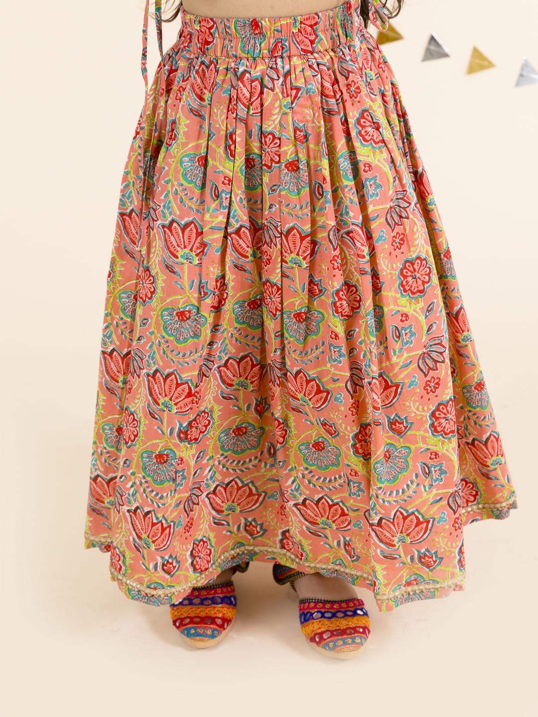 Pspeaches Girl's Coral Blue Printed Ready To Wear Cotton Readymade Lehenga Choli (Orange-8-10Y)