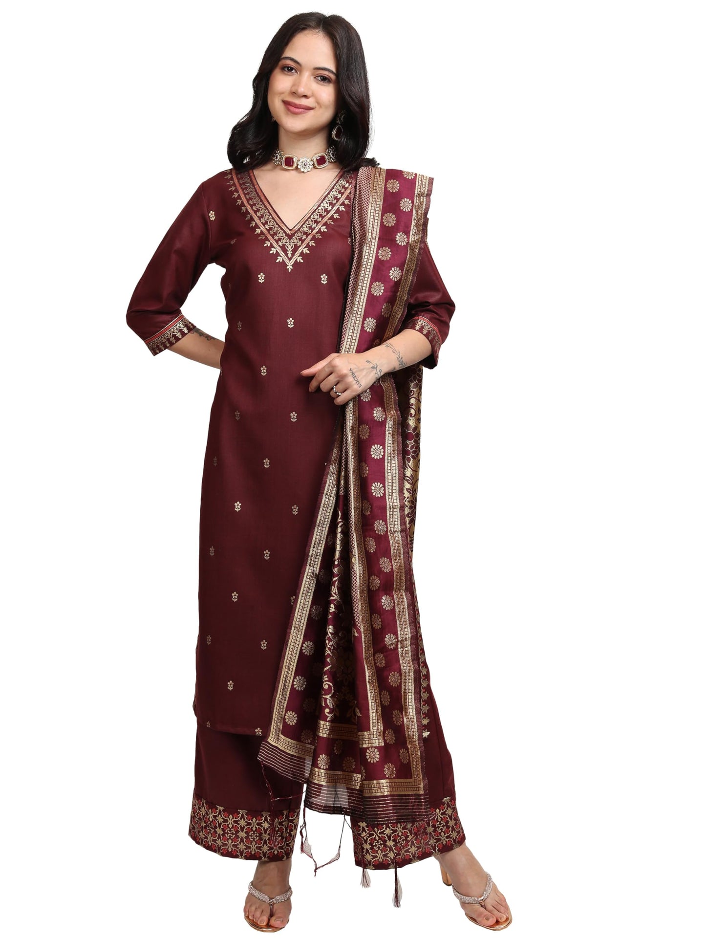 Vishudh Women V NECK Ethnic Set PVK3000085 Brown M