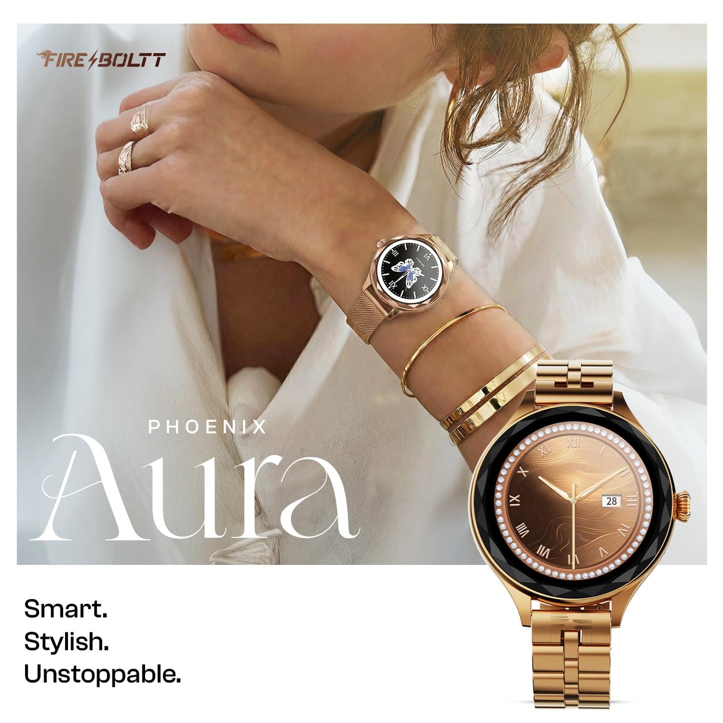 Fire-Boltt Phoenix Aura Women Smart Watch with 1.26” Diamond-Cut HD Display, Rotating Crown, Wireless Charging, Bluetooth Calling, Voice Assistant, 120+ Sports Modes - Regal Gold