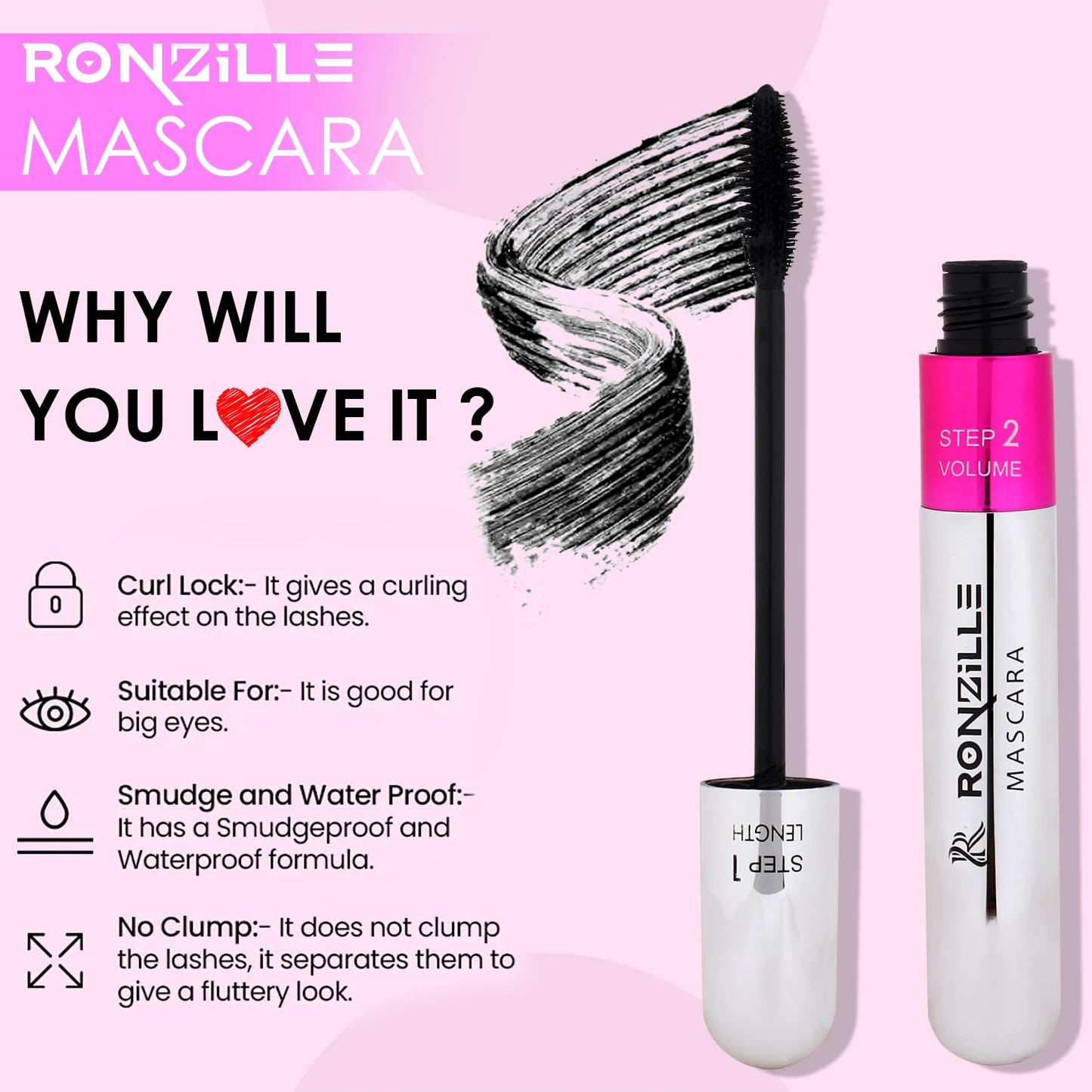 RONZILLE 2-in-1 Mascara for Women Volumizing and Lengthening Mascara | Long Lasting (15 ml) (Black)