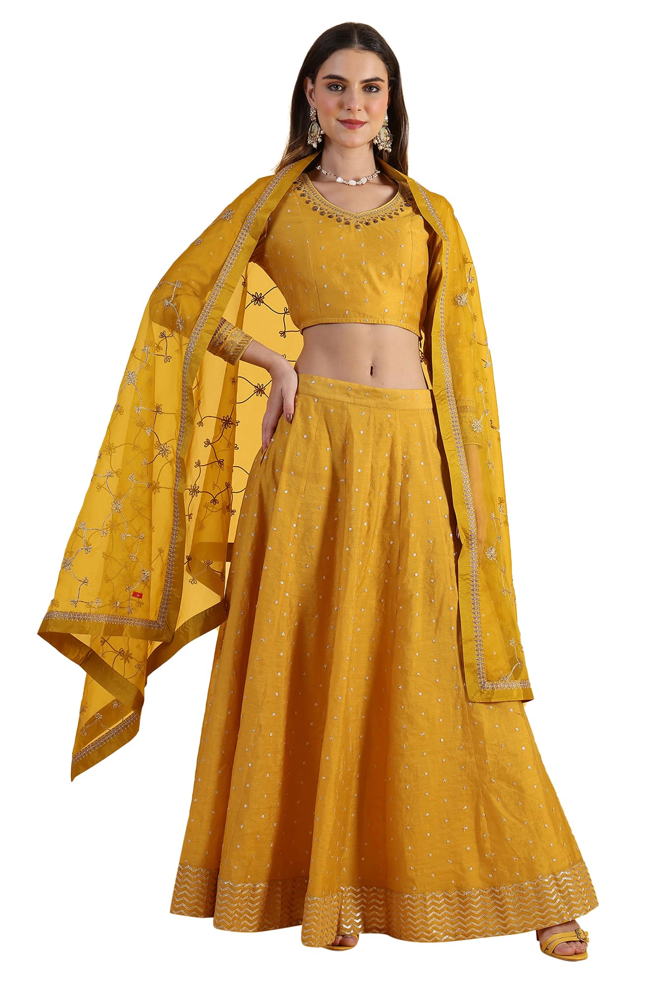 W for Woman Yellow Metallic Embroidery Crop Top & Skirt with Dupatta Set (Size: 3XL)-24AUWS31123-400772