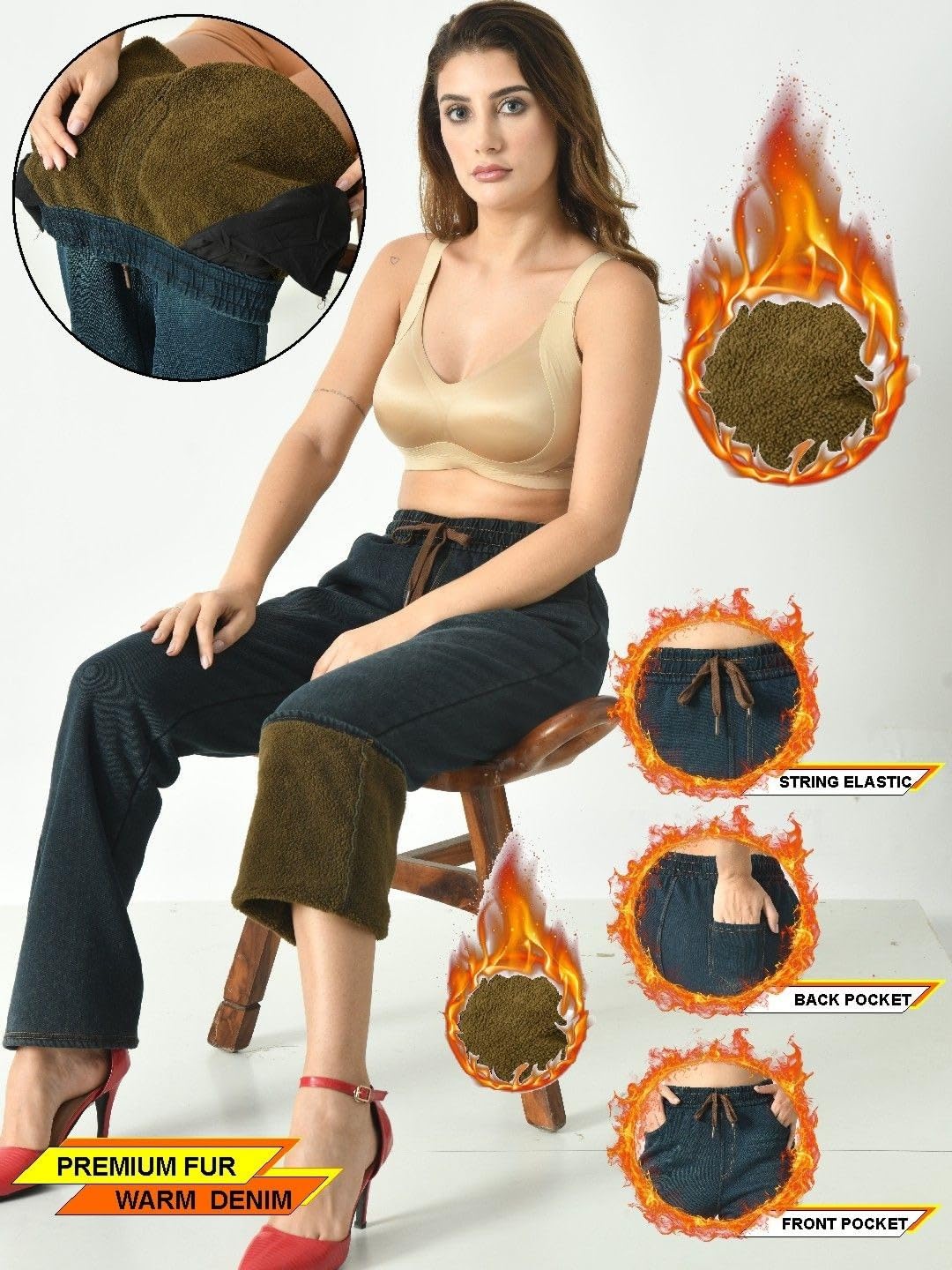 ogimi - ohh Give me Women Fleece Lined Jeans Winter Warm Denim Legging Fur Thermal Pant (in, Alpha, XL, Regular, Blue)