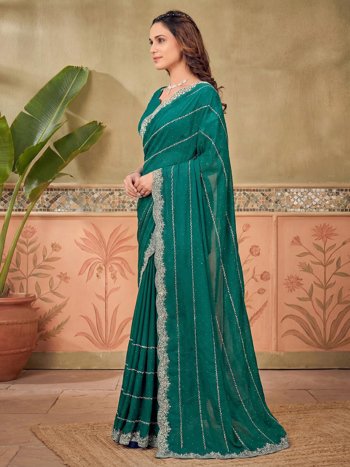 SIRIL Women's Shimmer Georgette Scalloped Border Stone Work Embroidery Saree with Unstitched Blouse Piece (4925S612A_Teal Green)