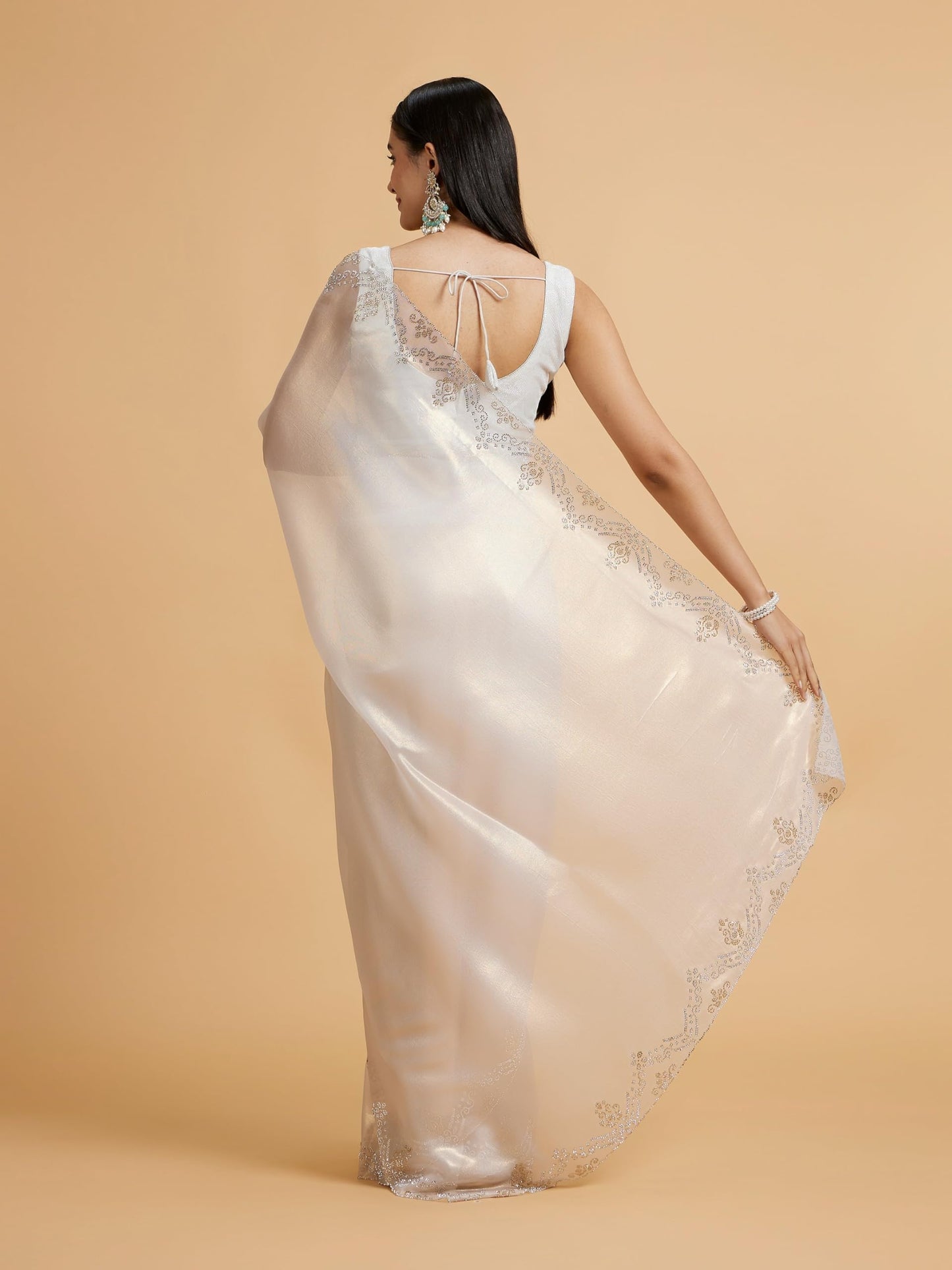 MOHEY Women's Organza Stone Work Saree(Cream)