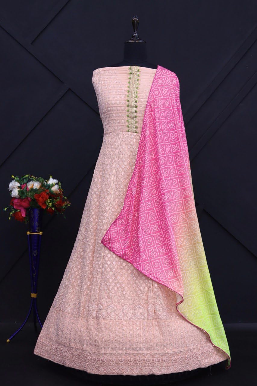 RUDRAPRAYAG Women's Georgette Long Sleeve V-Neck Maxi Anarkali Gown I Semi Stitched Womens Ethnic Wear