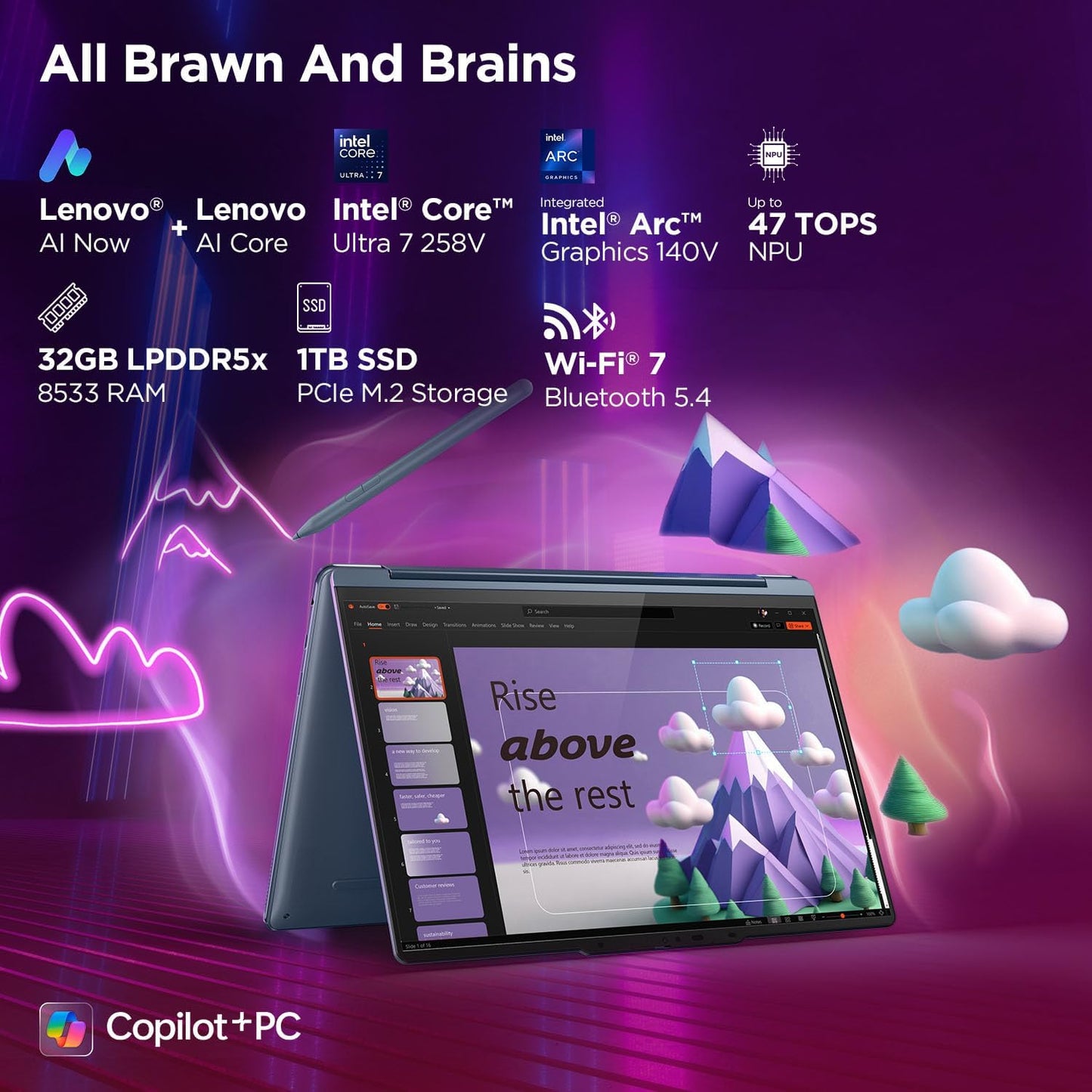 Lenovo Yoga 9 2-in-1 Aura Edition Intel Core Ultra 7 258V (32GB RAM/1TB SSD/14 (35.5cm)/4K WQUXGA OLED/47 Tops NPU/Copilot+PC/Windows 11/Office Home 2024+AI Now/Yoga Pen/Blue/1.3Kg), 83LC001FIN