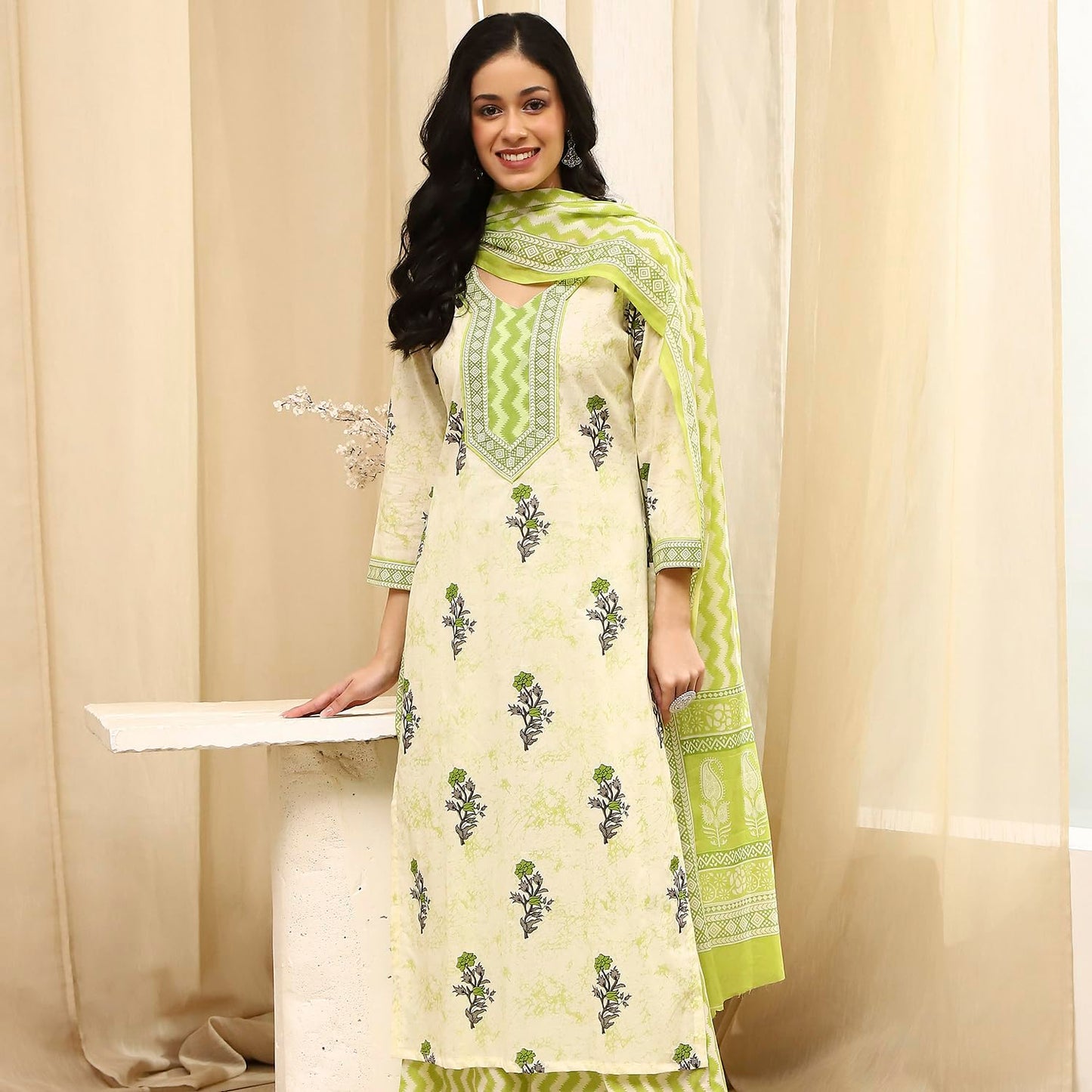 BIBA Women's Assorted Cotton Hand Block Print Unstitched Suit Set