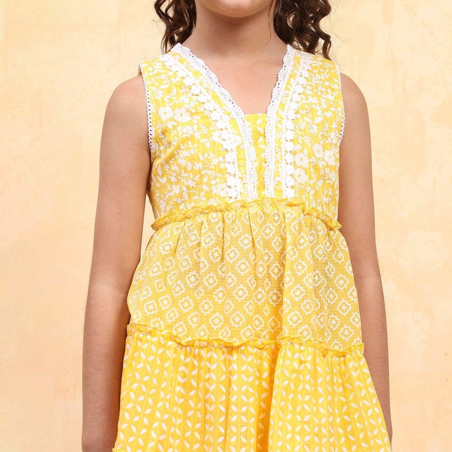 Biba Girl's Yellow Cotton Tiered Printed Kurta Salwar Set