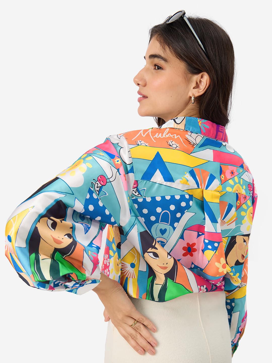 The Souled Store Official Satin Shirt: Disney Mulan Women and Girls Long Sleeve Collared Neck Button Down Multicolor All Over Printed Polyester Shirts