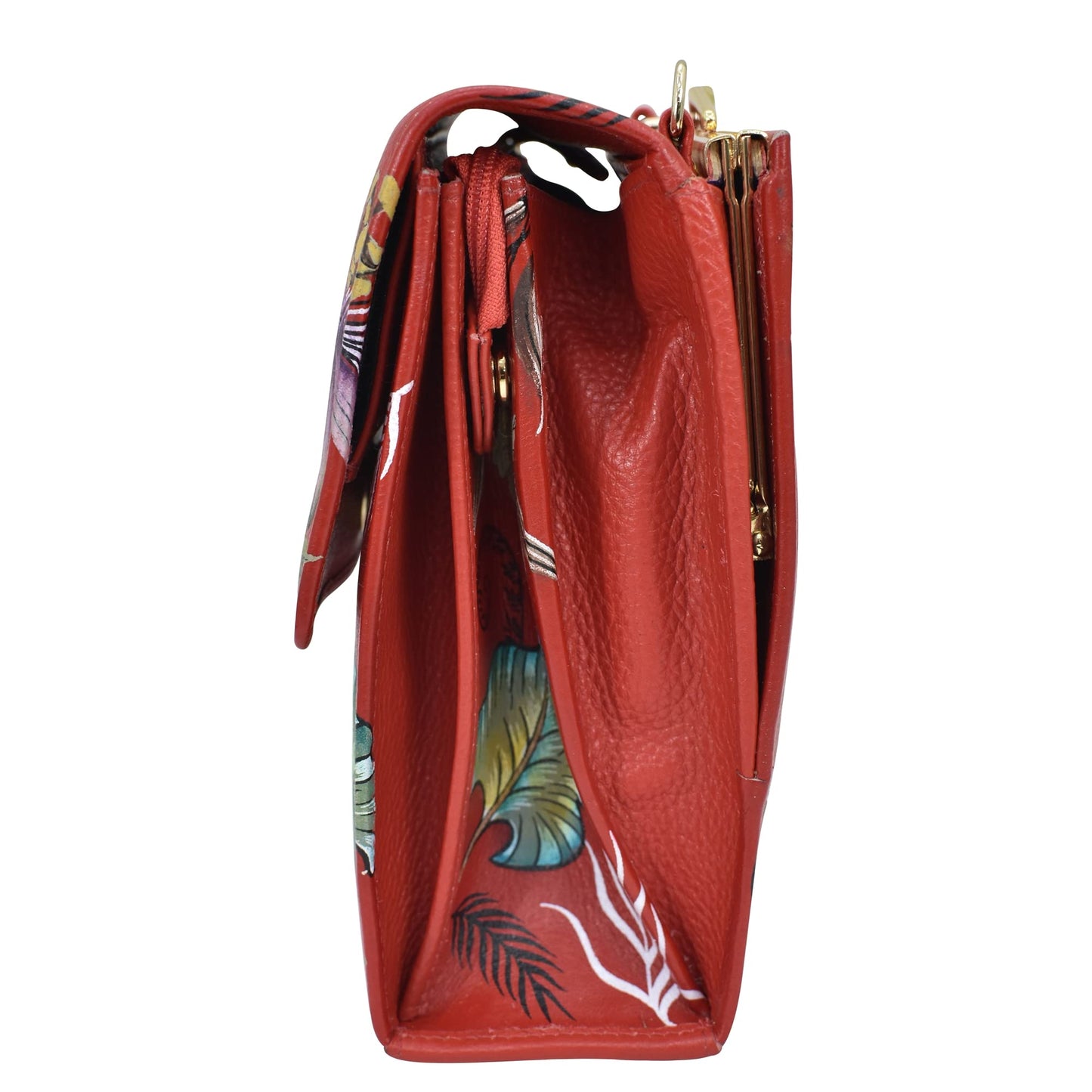 Anuschka Women’s Hand-Painted Genuine Leather Triple Compartment Crossbody Organiser - Crimson Garden