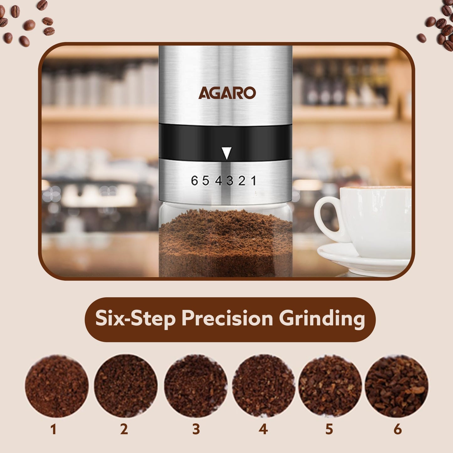 AGARO Elite Manual Coffee Grinder, Ceramic Grinder with Glass jar, 6 Adjustable Settings, Stainless Steel Body, Tooth Handle, No Power, Whole Bean, Drip Coffee, Espresso, Silver