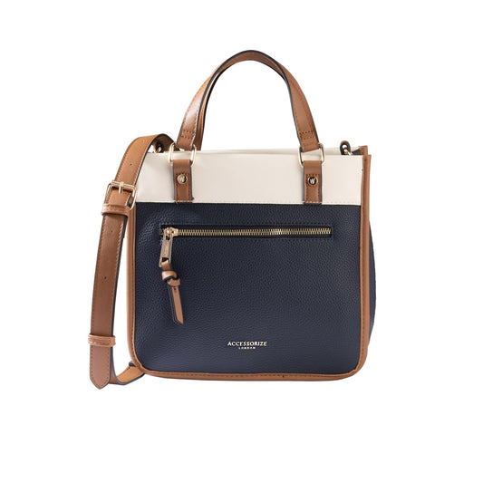 Accessorize London Women's Navy Blue Mini Colour Block Handheld Satchel Bag with Detachable and Adjustable strap | Satchel Bag for Work | Ladies purse | Stylish Shoulder Bag | Gift For Women