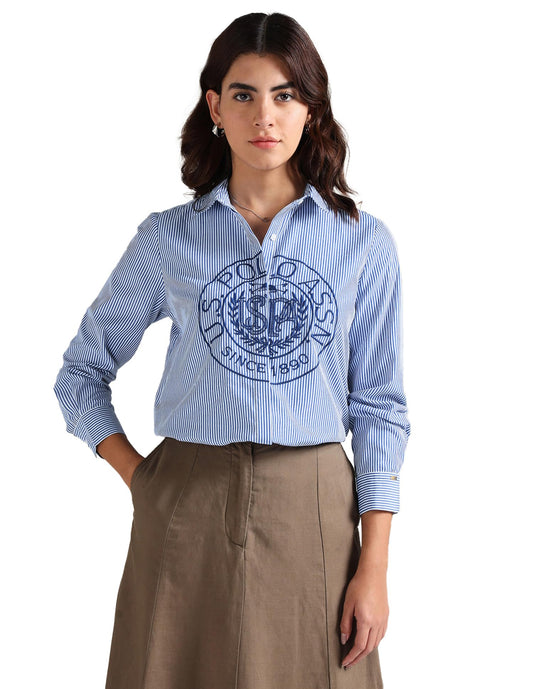 U.S. POLO ASSN. Women's Vertical Stripe Embroidered Shirt (UWAW23SH040_Blue_XL)