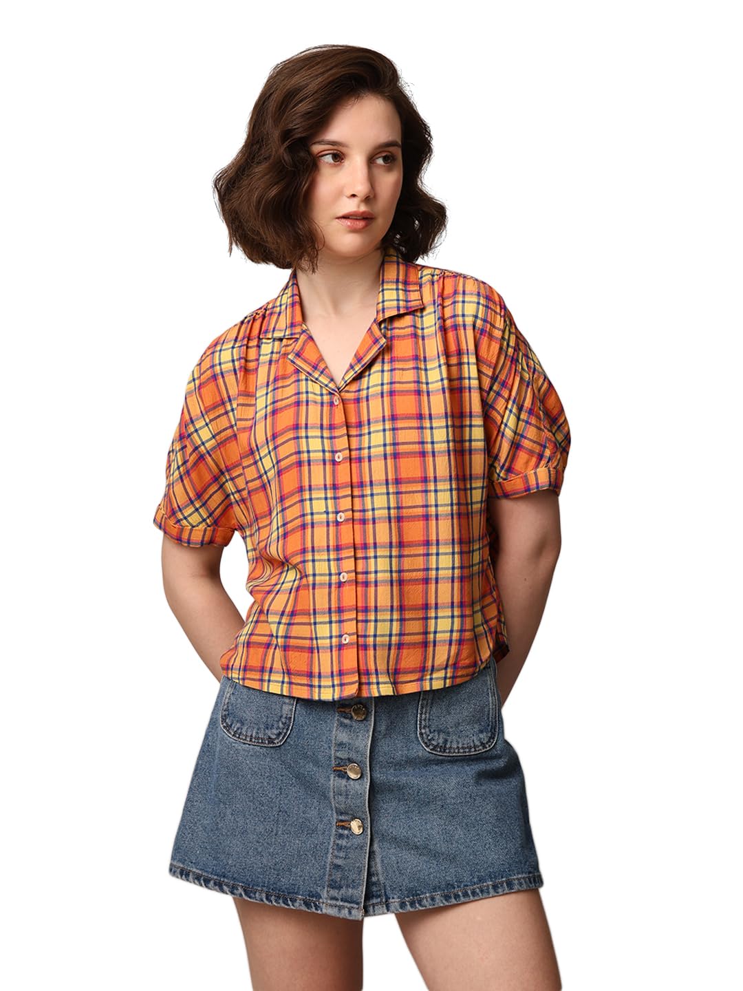 ONLY Women's Checkered Regular Fit Shirt (9008124- Lemonade