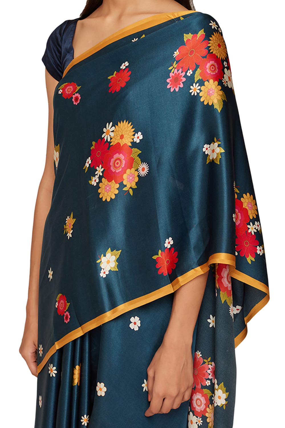 SATYAPAUL Women's Printed Satin Georgette Saree With Blouse Piece (8907544986277_Dark Blue)