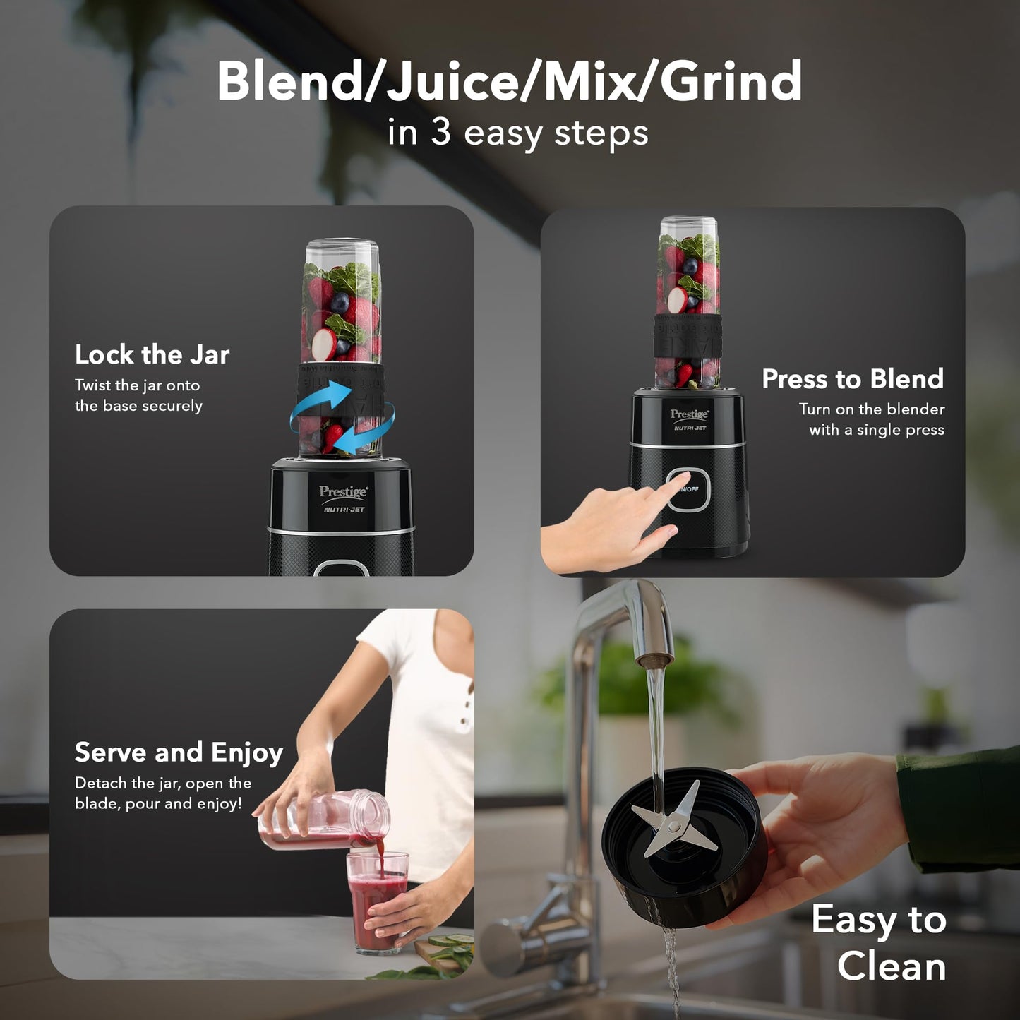 Prestige Nutri-Jet Mixer Grinder with 2 Jars| 450 Watts| Sipper Lid & Additional Cover Lid| ISI Certified| One-Touch Operation, Black