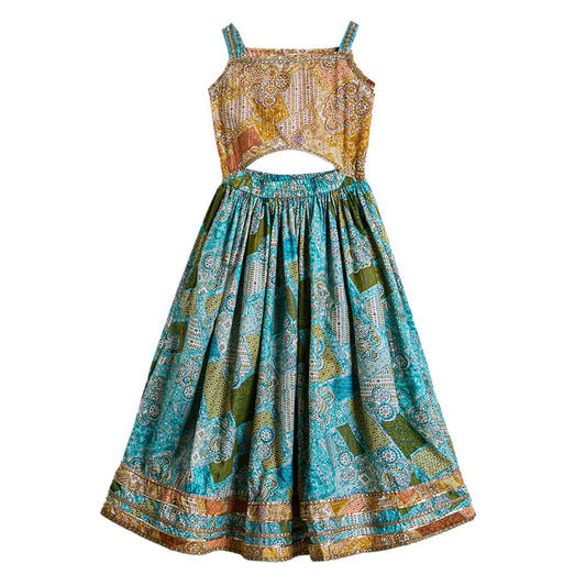 Hopscotch Girls Sleeveless Blue 2-Pc Lace Embellished Cotton Lehenga Choli Set For Ages (9-10 Years)