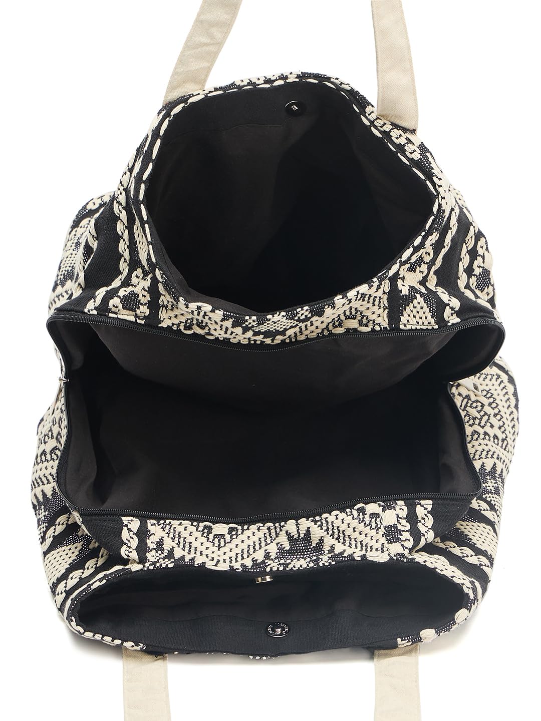 PRIMROSE Boho Beach Tote Bag (Black and Beige)