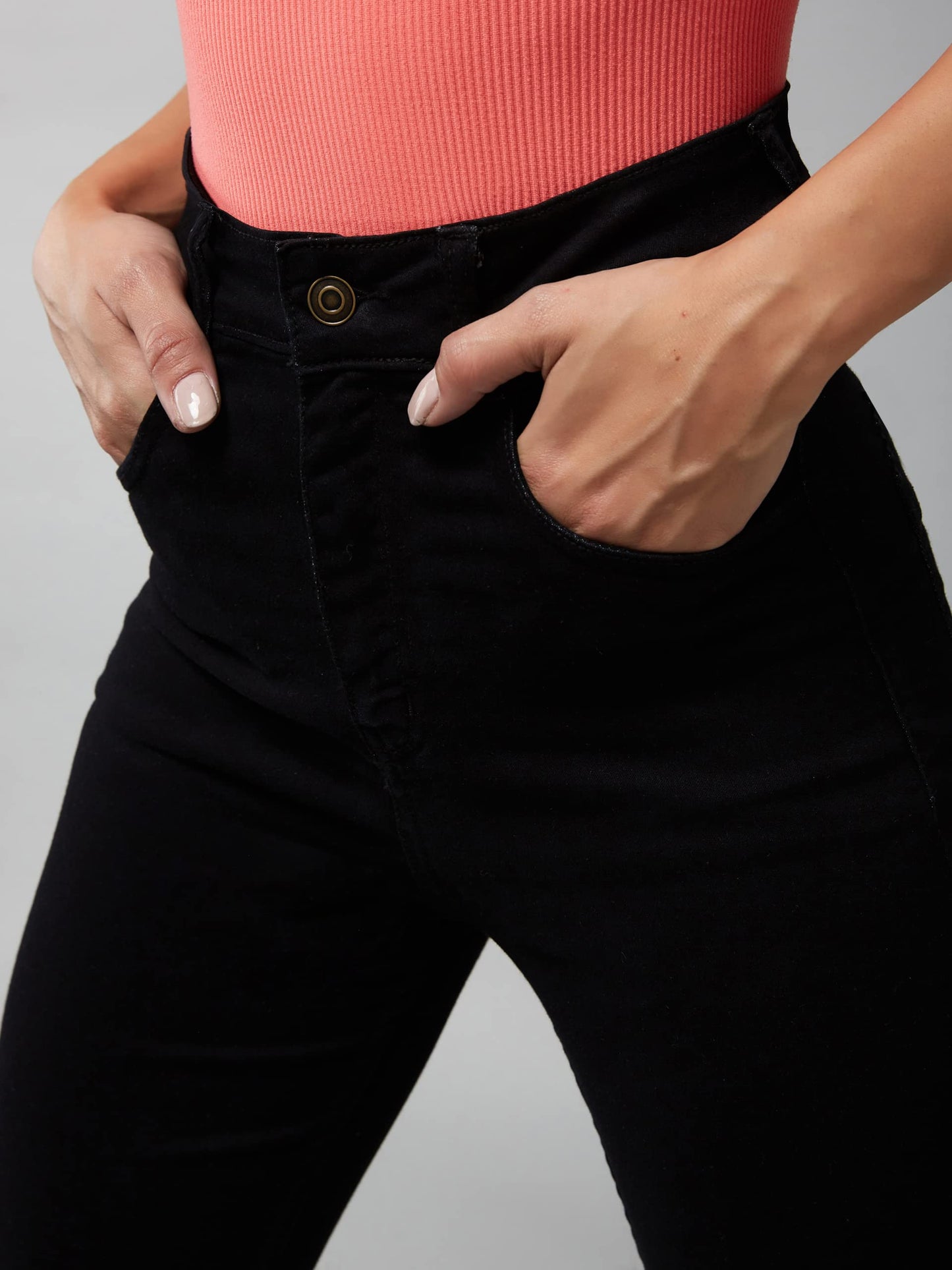 Dolce Crudo Women's Skinny Fringed Detailing High Rise Cropped Stretchable Denim Jeans (DOAW18DEN02-76-380-38, Jet Black, 38)