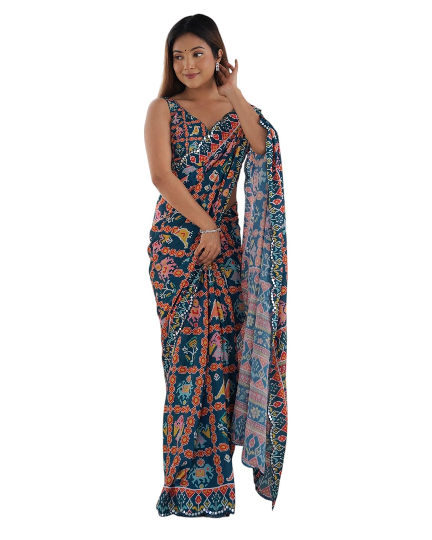 Ethnex Heavy Chinon Kutchi Work Mirror Lace Border Printed Saree With Unstitched Matching Blouse Piece (Dark Blue)