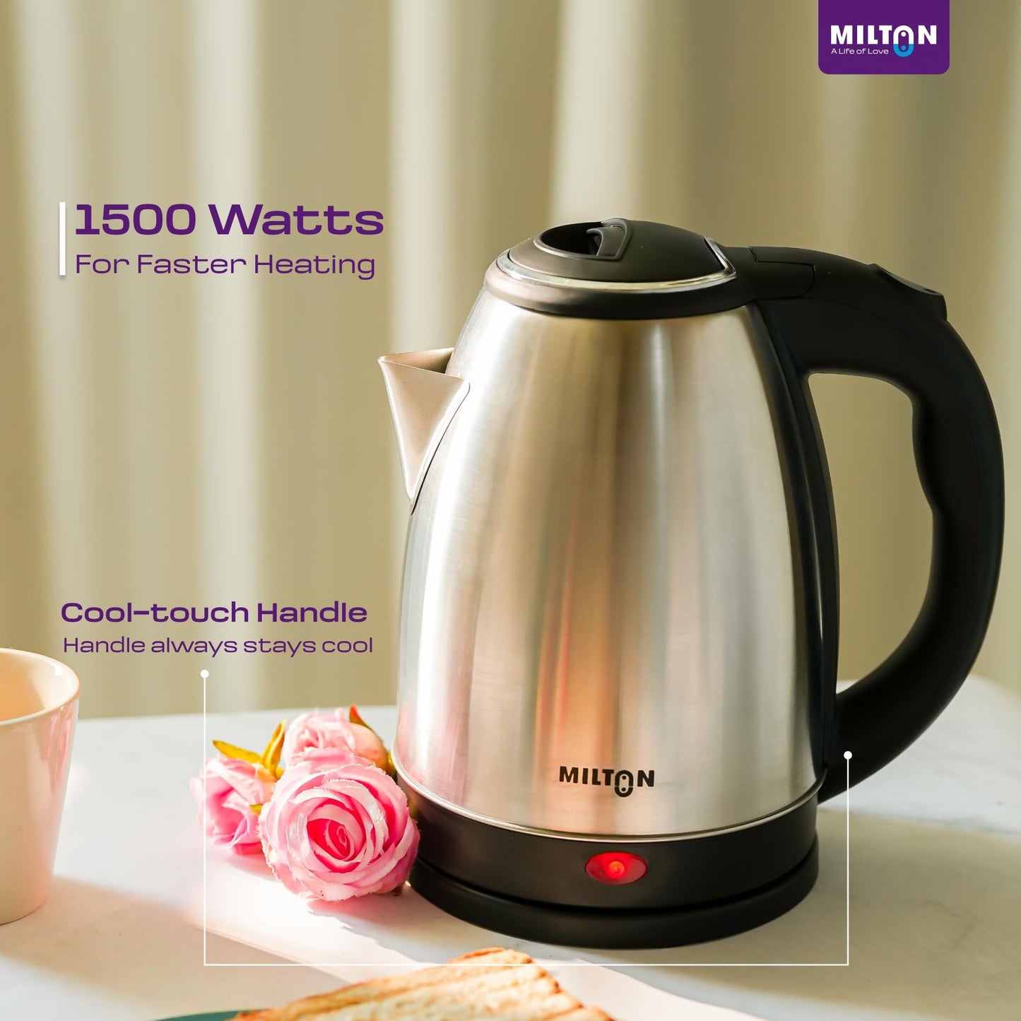 Milton Rapid Electric Kettle 1.8L | 1500 Watts | Stainless Steel Hot Water portable Electric Kettle for Home, Office | Auto Cut-Off with Wide Mouth | Cool-touch Handle and Single-Touch Lid Lock