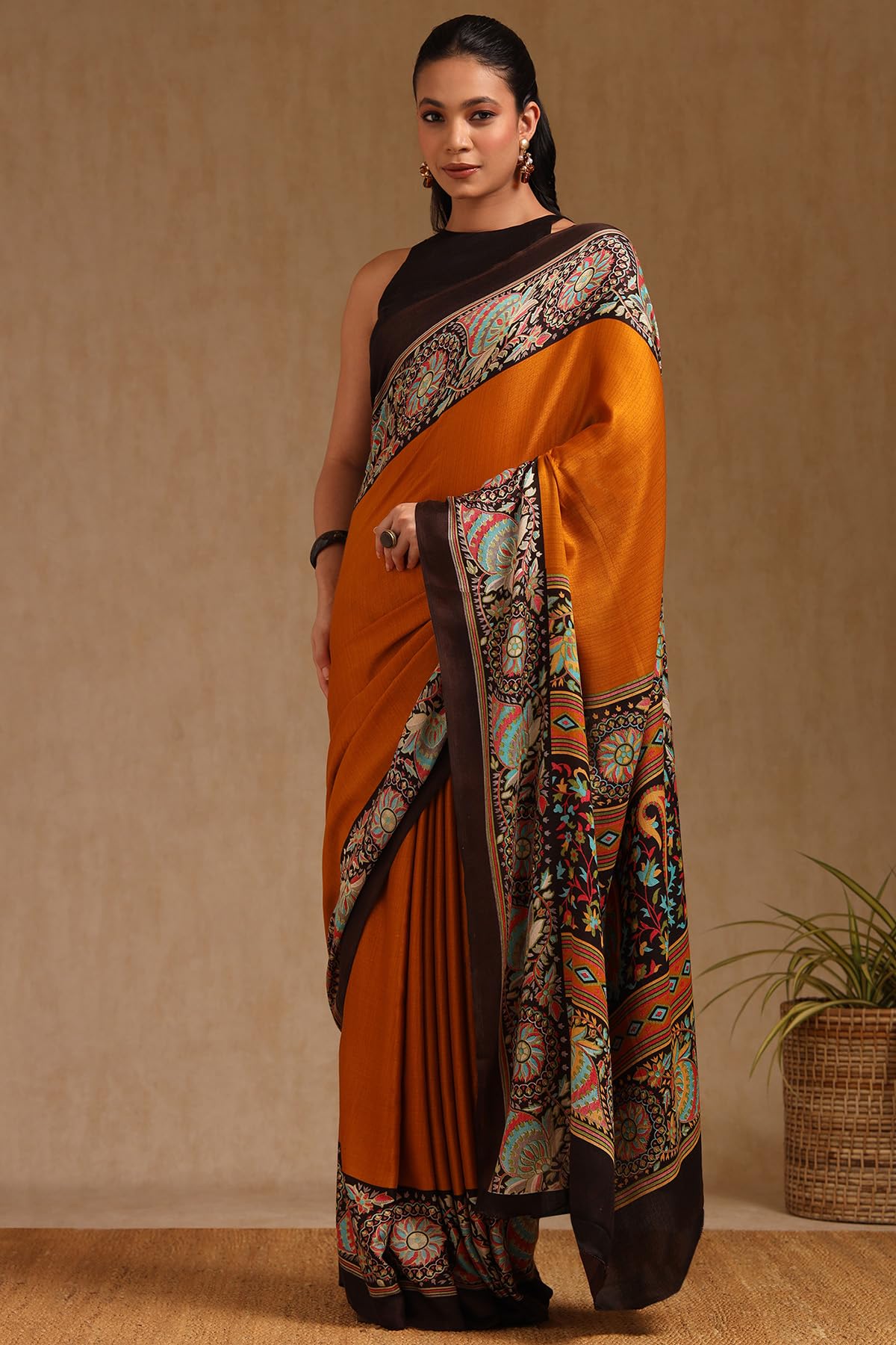 Soch Womens Mustard Pashmina Floral Print Saree