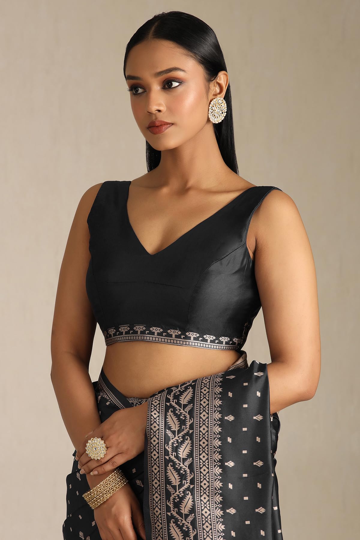 Soch Womens Black Tussar Woven Design Saree