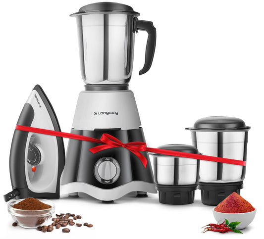 Longway Supreme Dlx Mixer Grinder with 3 Jars for Mixing, Grinding with Kwid 1100W Dry Iron | 2 Years Warranty (Gray & Black, 700 W)